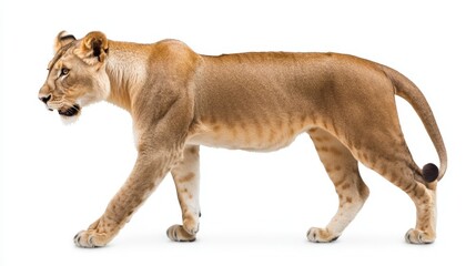 Obraz premium Magnificent Lioness in Hunting Stance on White Background - Full Body Shot Illustration