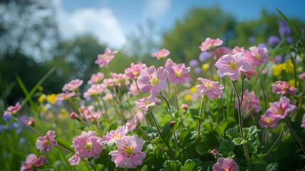 Pink primrose blooms in the garden its small