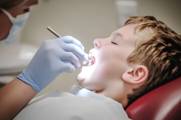 Fototapeta premium Dentist with mouth mirror checking for kid patient teeth at dental clinic