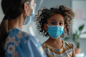 Young Girl in a Face Mask Looking at an Adult Woman