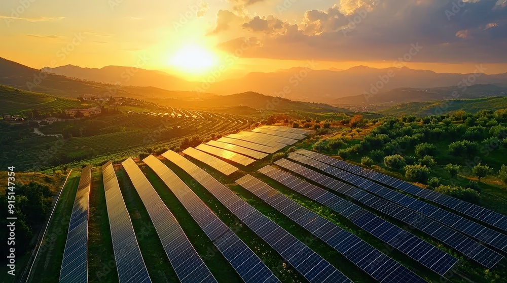 Wall mural Golden sunlight illuminates solar panels on rolling hills as the sun sets, creating a picturesque rural landscape