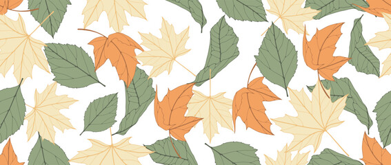 Autumn foliage seamless pattern with green and yellow maple leaves. Botanical vector illustration