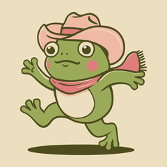 cute frog cartoon wearing cowboy hat and scarf illustration