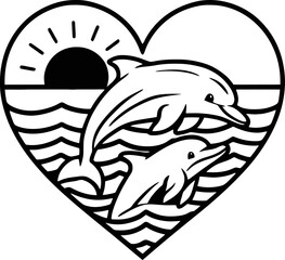 heart with dolphins and sunset vector outline illustration