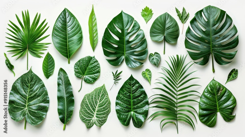 Poster various green leaves of different shapes and sizes are arranged neatly on a light background, highli