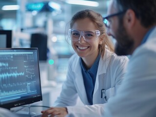 Two scientists studying data on a computer, straightforward description without creative additions