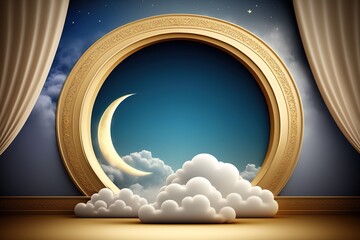 Ornate golden frame with crescent moon and clouds seen through an open curtain.