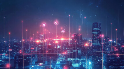 Naklejka premium This description provides a comprehensive overview of the concept of a smart city with 5G communication networks and IoT, emphasizing the interconnectedness and advanced technological infrastructure.