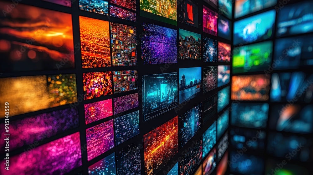 Aufkleber A striking array of colorful visuals is displayed on multiple screens in a contemporary setting. The walls are alive with bright hues and dynamic patterns