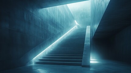 A staircase in a dark room with blue lighting