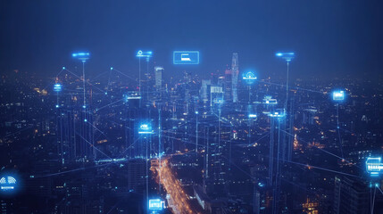 Fototapeta premium This description provides a comprehensive overview of the concept of a smart city with 5G communication networks and IoT, emphasizing the interconnectedness and advanced technological infrastructure.