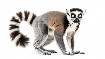 Lively side profile of lemur with curled tail on white background.