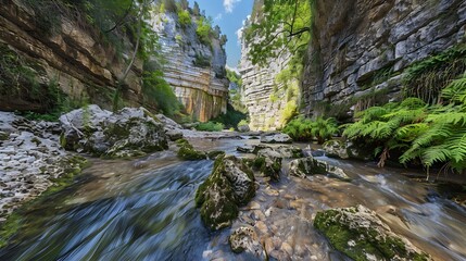 A stream in a gorge with clear water