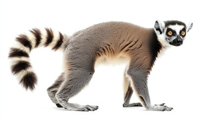 Obraz premium Curious Lemur with Tail Curled Sitting on White Background - Side Profile Shot