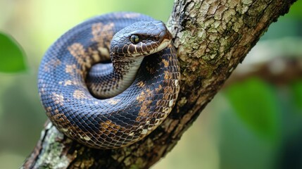 Obraz premium A Black and Brown Snake Coiled Around a Tree Branch