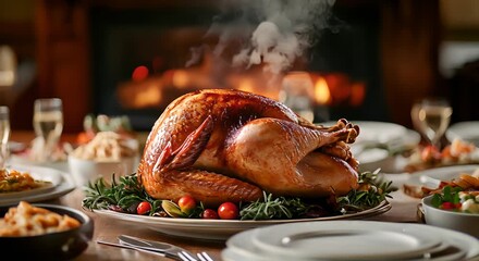 Family gathering for a thanksgiving dinner Showcasing warmth Happiness And a delicious turkey centerpiece.festive thanksgiving banner with a golden roasted turkey and trimmings on a decorated table