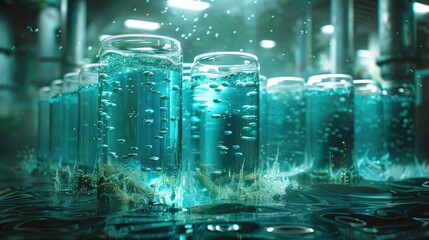 Conveyor belt moving glass bottles filled with blue liquid in a beverage factory
