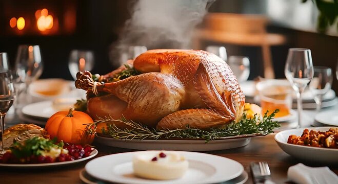 Family gathering for a thanksgiving dinner Showcasing warmth Happiness And a delicious turkey centerpiece.festive thanksgiving banner with a golden roasted turkey and trimmings on a decorated table