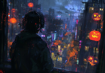 Halloween Video background, young man with headphone looking down on city lights at night, Halloween decorations, cyberpunk cityscape outside, neon lights