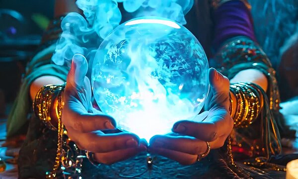 Fortune teller woman moves her hands over a magic ball. Prediction. Fortune telling, magic. Dark atmosphere, candles. Woman with long hair.