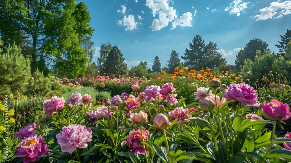 Wall mural peony garden is a blooming peony garden