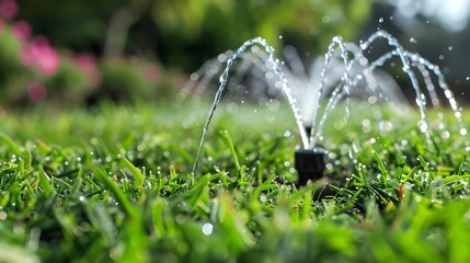 Lawn sprinkler in a green garden