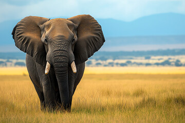 Naklejka premium majestic african elephant outside against blue sky