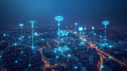 Fototapeta premium This description provides a comprehensive overview of the concept of a smart city with 5G communication networks and IoT, emphasizing the interconnectedness and advanced technological infrastructure.