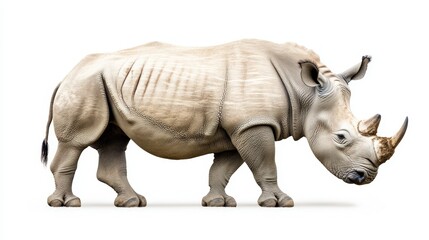 Majestic Rhino Grazing Silhouette on White Background - Side Profile Wildlife Photography