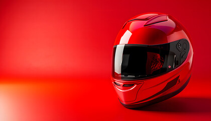 Fototapeta premium A high-resolution photo of a vintage motorcycle helmet on a solid red background. isolated on a solid red background design