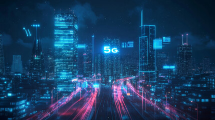 This description provides a comprehensive overview of the concept of a smart city with 5G communication networks and IoT, emphasizing the interconnectedness and advanced technological infrastructure.