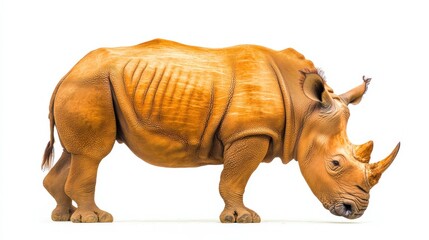 Fototapeta premium Majestic Rhino Grazing in Profile on White Background - Stunning Wildlife Photography