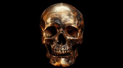 Obraz premium A bronze skull, weathered and glistening, sits eerily against a black backdrop, evoking a sense of mystery.