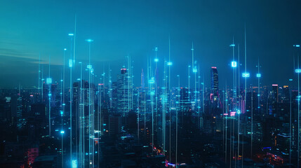 Obraz premium This description provides a comprehensive overview of the concept of a smart city with 5G communication networks and IoT, emphasizing the interconnectedness and advanced technological infrastructure.