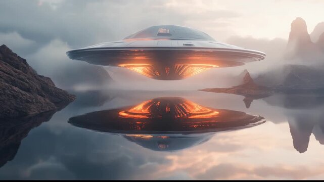 UFOs. metallic oval objects in the sky reflecting on the water surface below. scattered clouds the scene creates an atmospheric, sci-fi mood