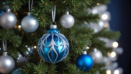 Obraz premium Beautiful colorful ornaments hanging on a Christmas tree, showcasing a festive and vibrant holiday atmosphere.
