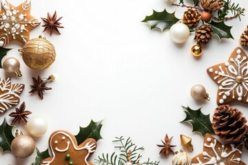 Gingerbread Cookies and Red Ornaments with Fir Branches - Festive Holiday Decor and Christmas Cheer