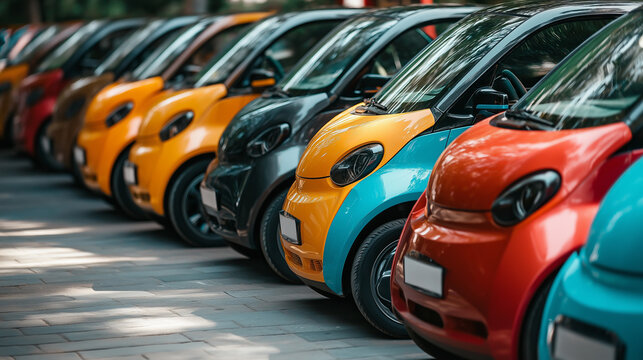 Row of colorful small cars parked in a row.