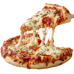 Delicious cheesy pizza slice being lifted, showing melted cheese and pepperoni. Perfect image for food and culinary content.