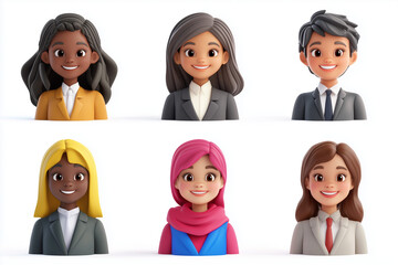 3d cute cartoon set of profile picture of various nationalities smiling business woman