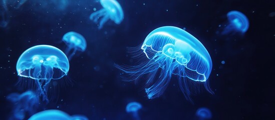 Naklejka premium Glowing Jellyfish in Deep Blue Waters