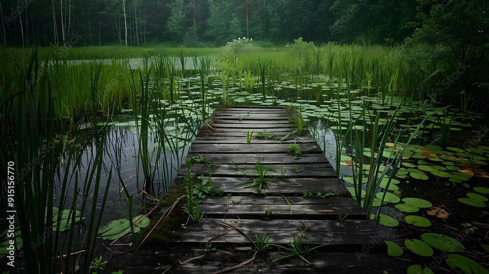 Canvas Prints a wooden deck path laid through a marshy