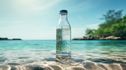 Glass Bottle of Water on a Tropical Beach