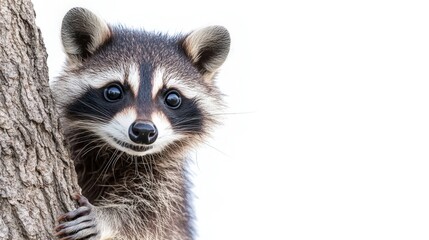 Obraz premium Curious Raccoon Peeking Out of Tree on White Background - Adorable Wildlife Close-up Portrait