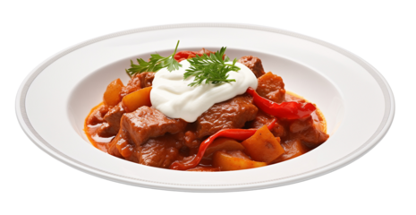 Perfectly plated portion of goulash, garnished with a dollop of sour cream isolated on transparent background