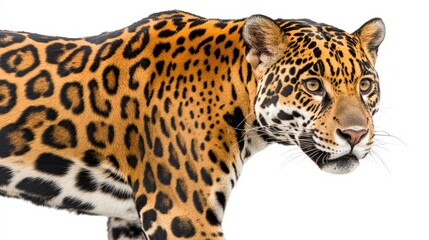 Fototapeta premium Elegant Jaguar Side Profile Stalking Against White Background