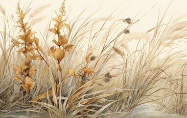 Obraz premium Abstract background of tall grass on a beige background. Dry soft grass with dry flowers.