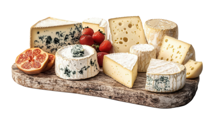 A variety of cheeses on a rustic cheese board on transparent background