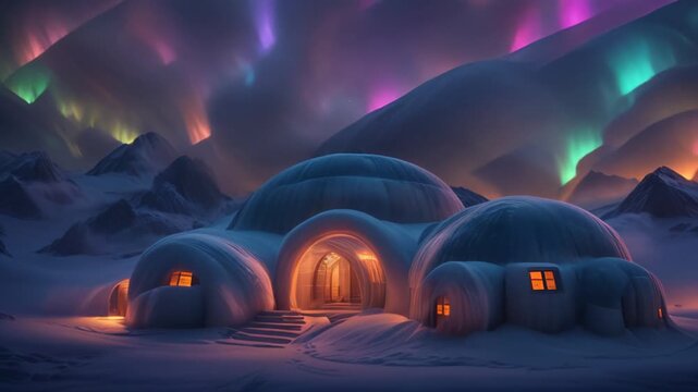 Icy igloo houses against the background of the aurora borealis