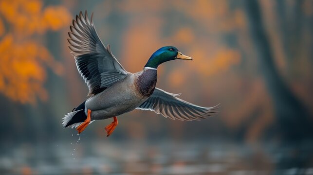 A mallard duck with outstretched wings takes flight over a tranquil lake surrounded by autumn colors.